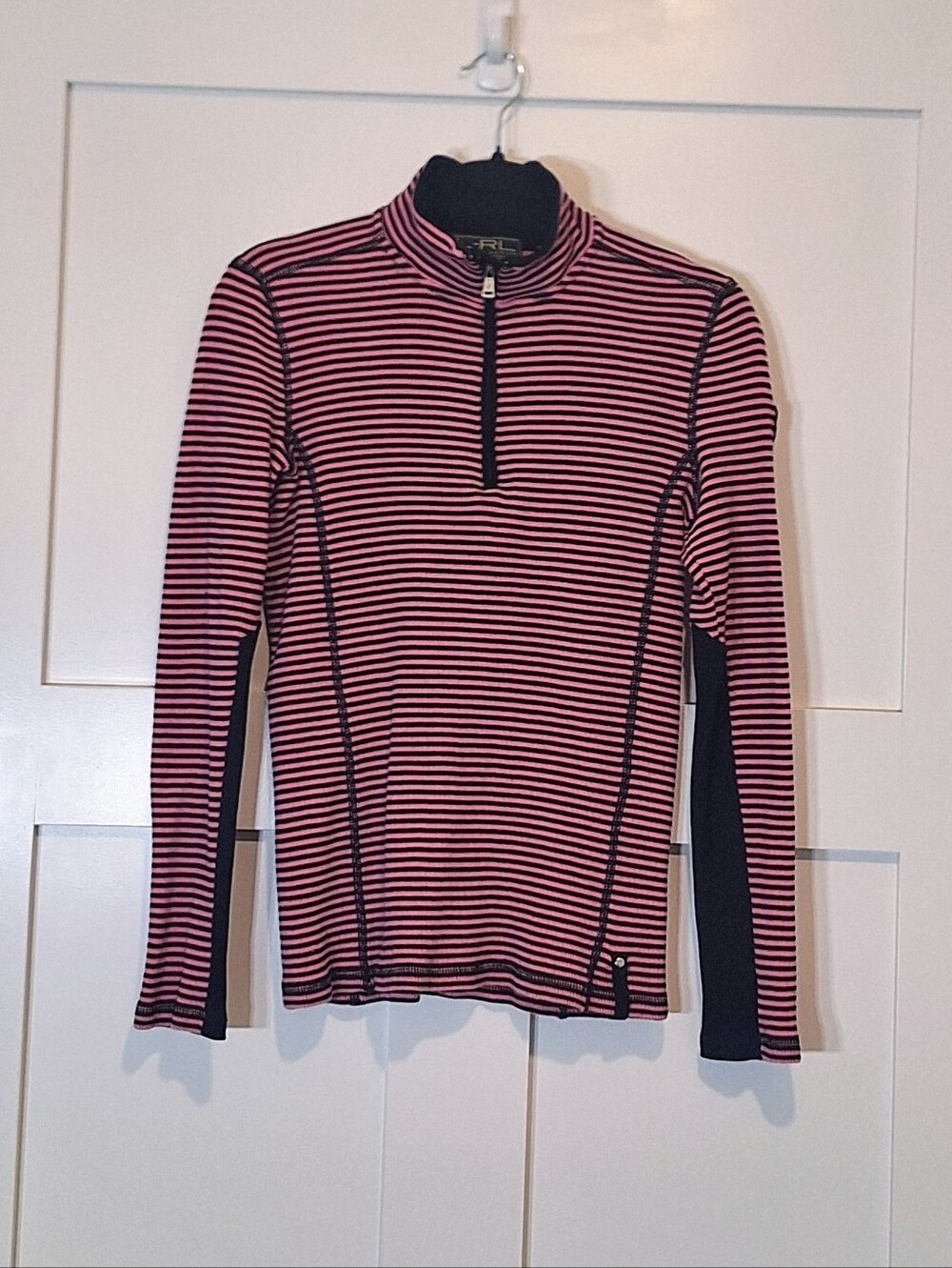 Lauren Ralph Lauren Active 1/4 Zip Pullover Knit Striped Pink Black Top Medium